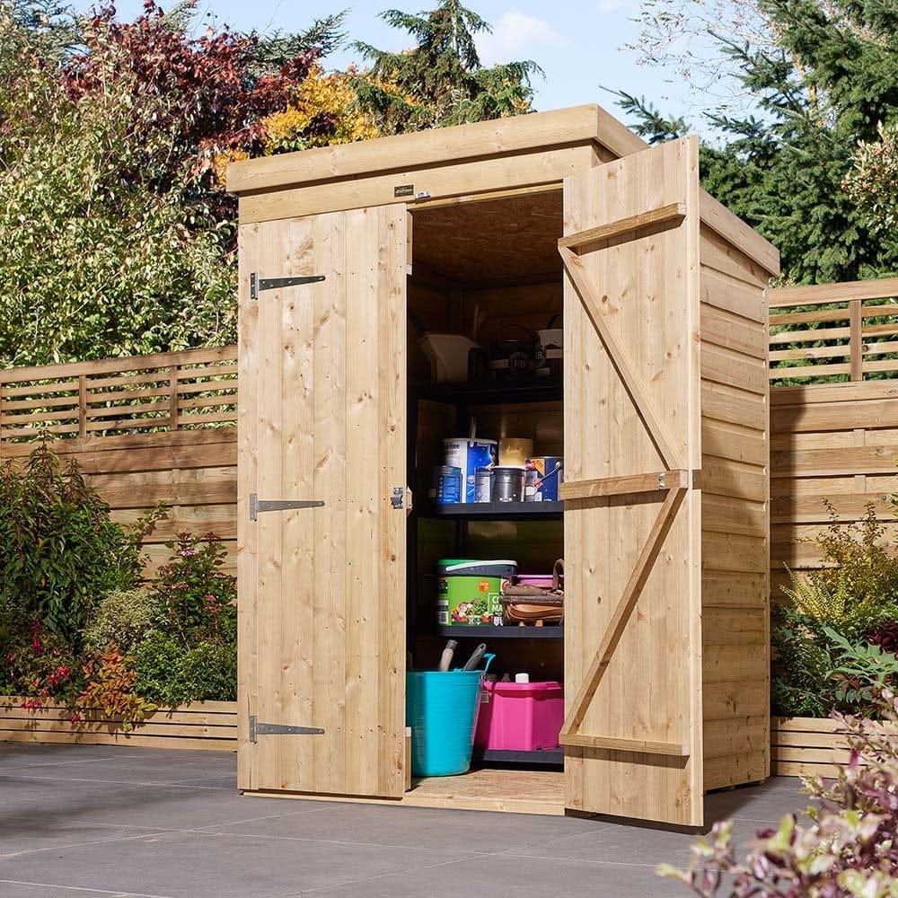 4x4 shiplap pent shed with double doors, open to show storage.