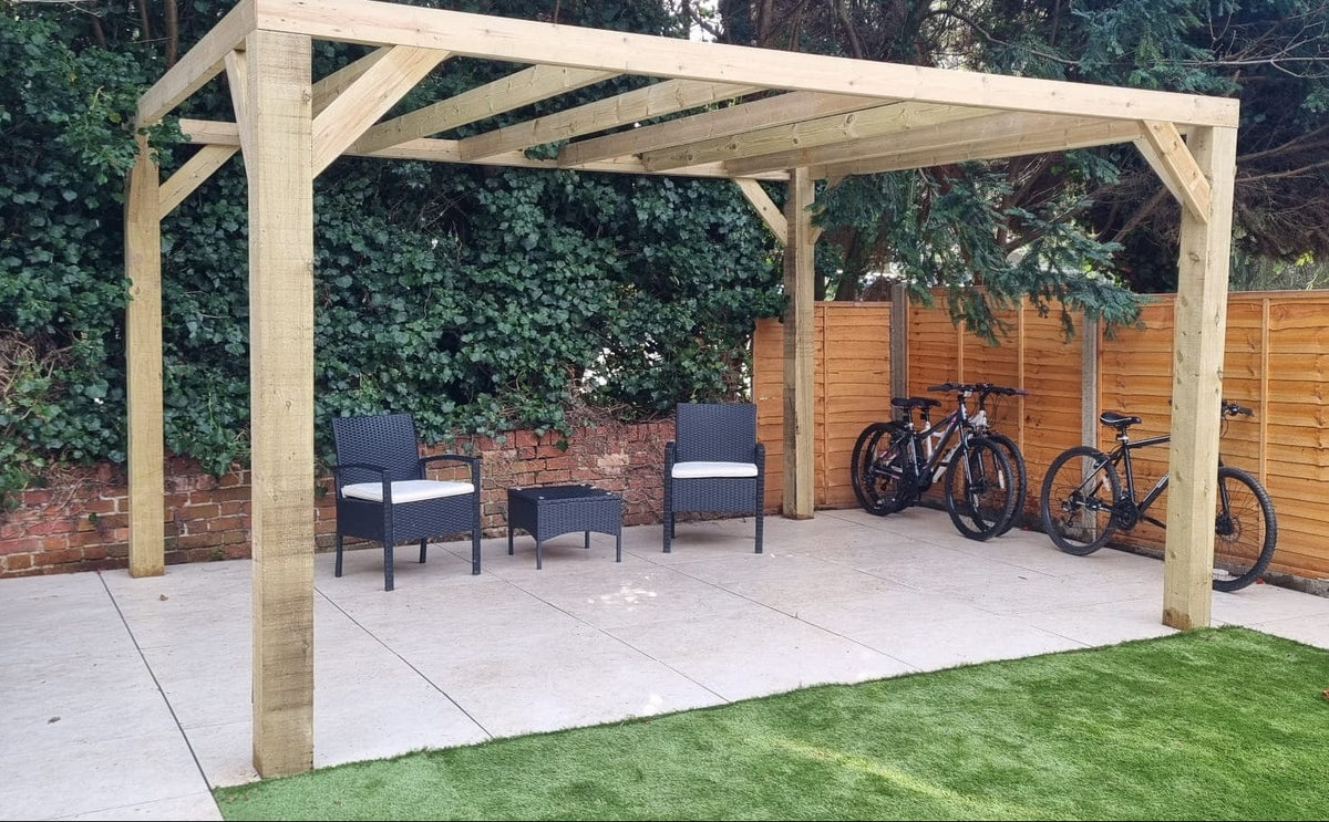 Wooden pergola with seating and bikes