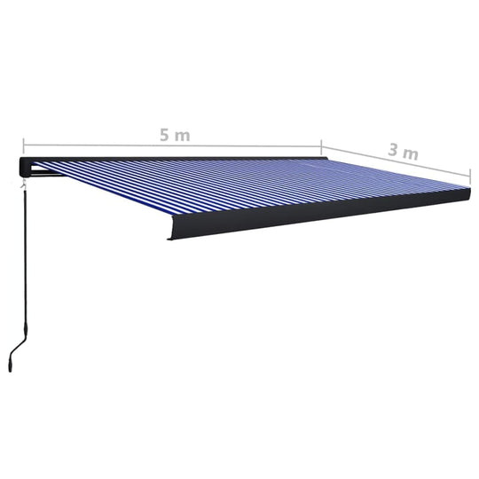 5.0M Manual full cassette Awning, Blue & White Striped, UV and water resistant, 500cmW X 300cm projection.
