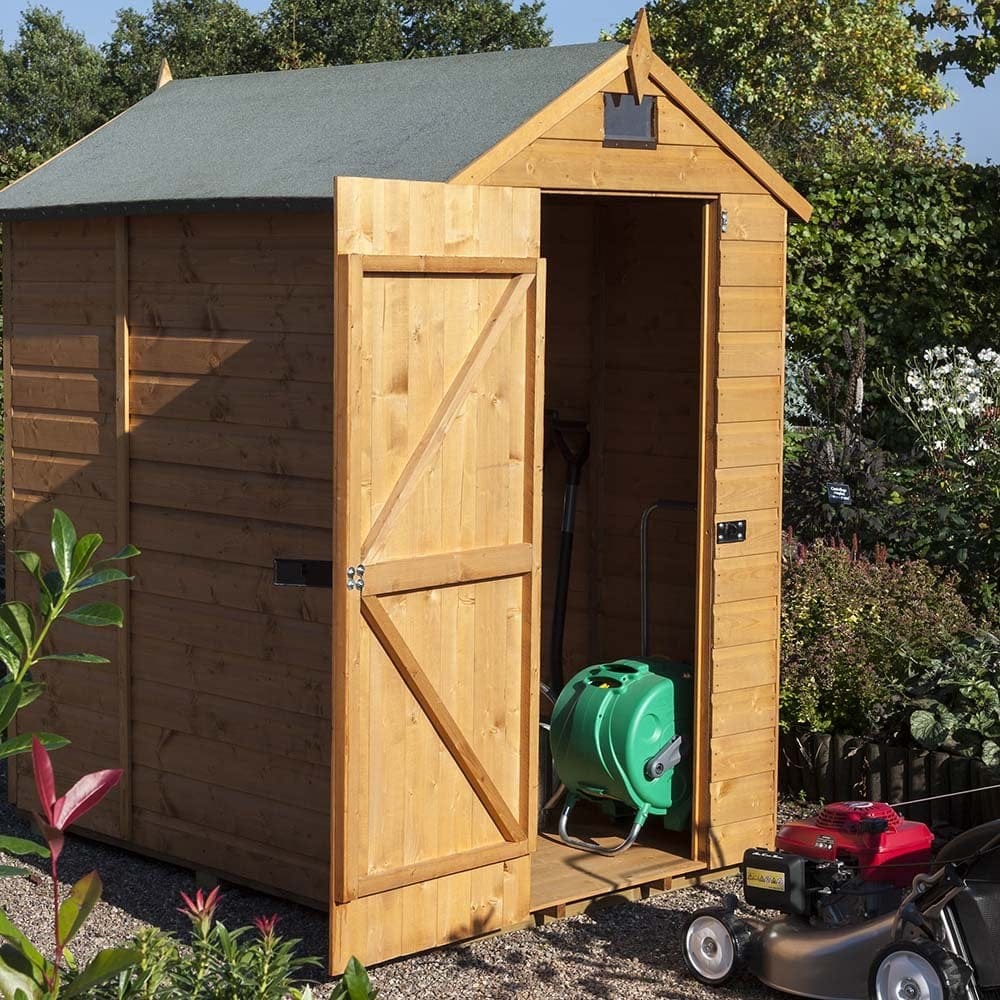 6x4 security shed with open door and gardening tools