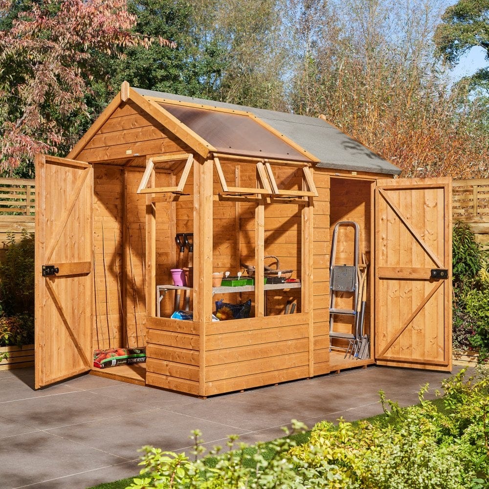 8x6 growhouse with open doors and store