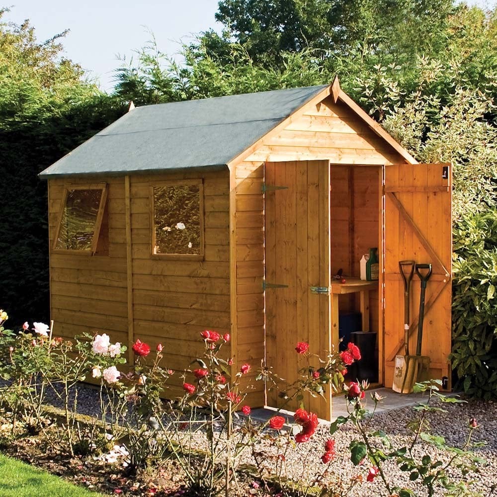 8x6 Premier Shed with open door and garden tools