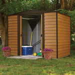 Woodvale metal shed with wood-look siding, garden storage.
