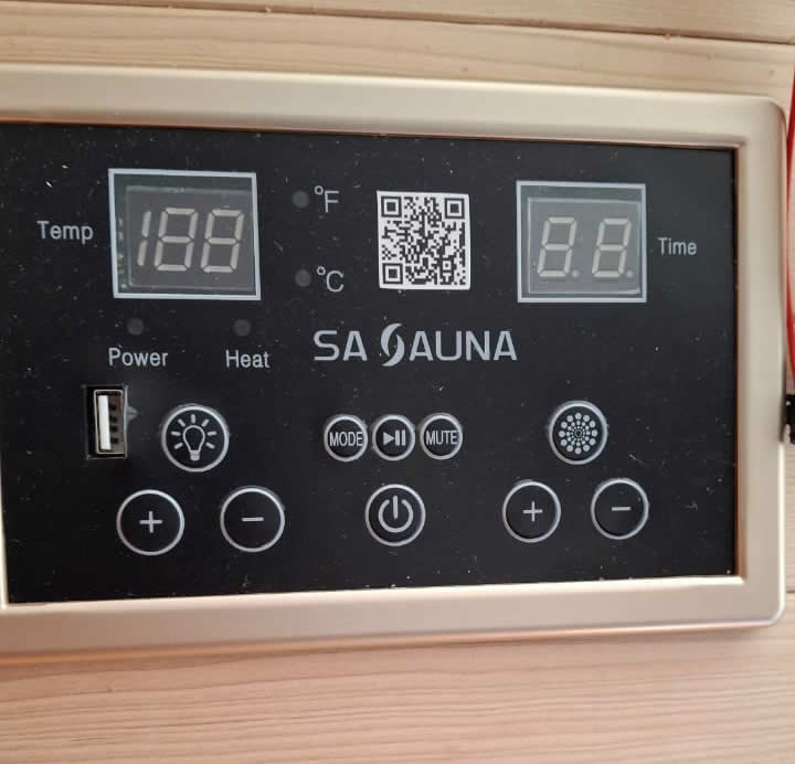 Sauna control panel showing 188°F and 8.8 minutes.
