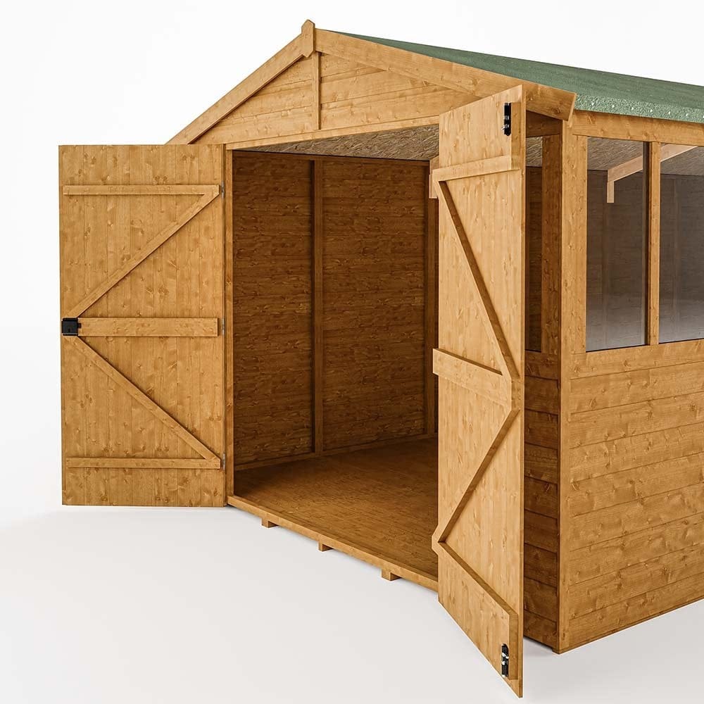 Wooden workshop shed with open doors