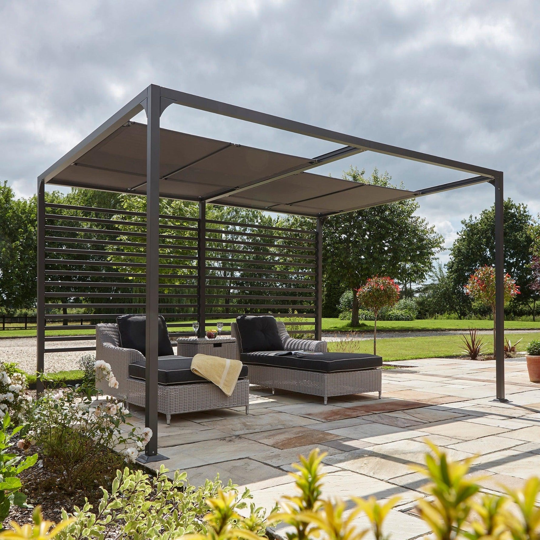 Aluminium Pergola with Sliding Roof in Grey, two sizes.