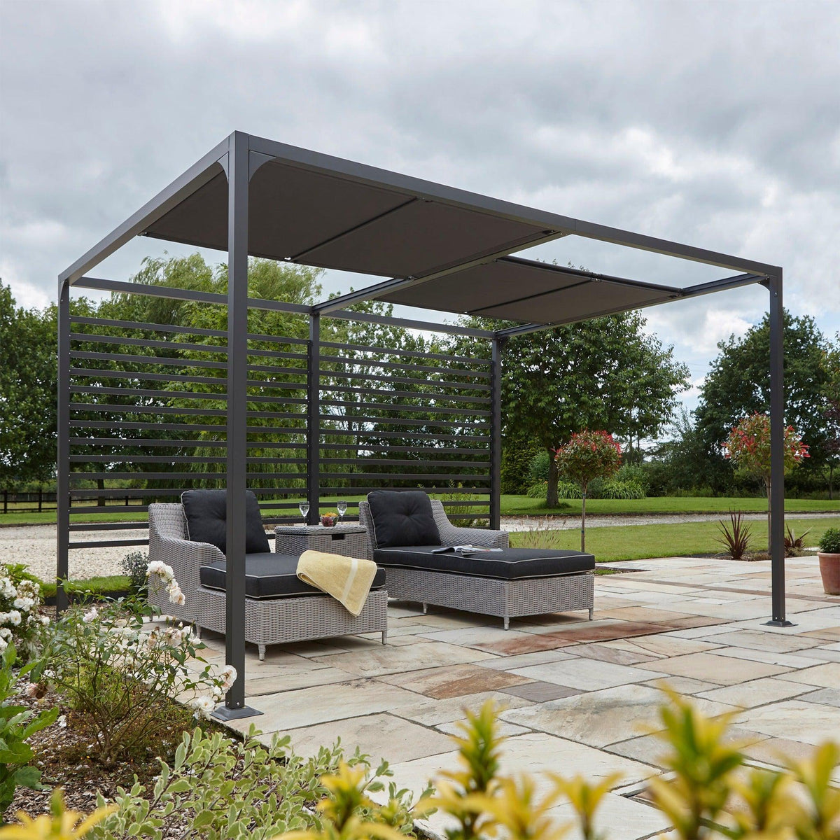 Aluminium Pergola with Sliding Roof in Grey, two sizes.