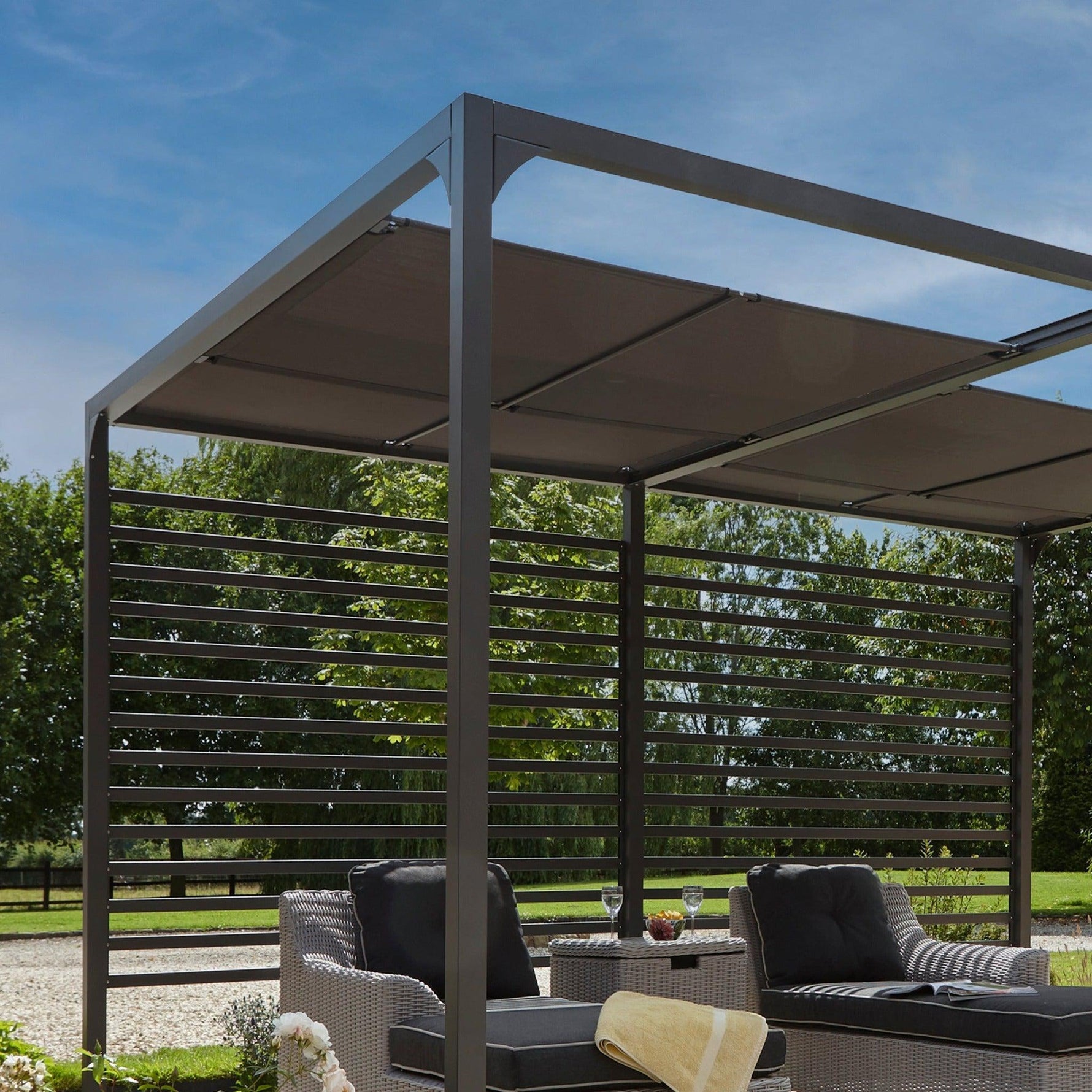 Aluminium Pergola with Sliding Roof in Grey, two sizes.