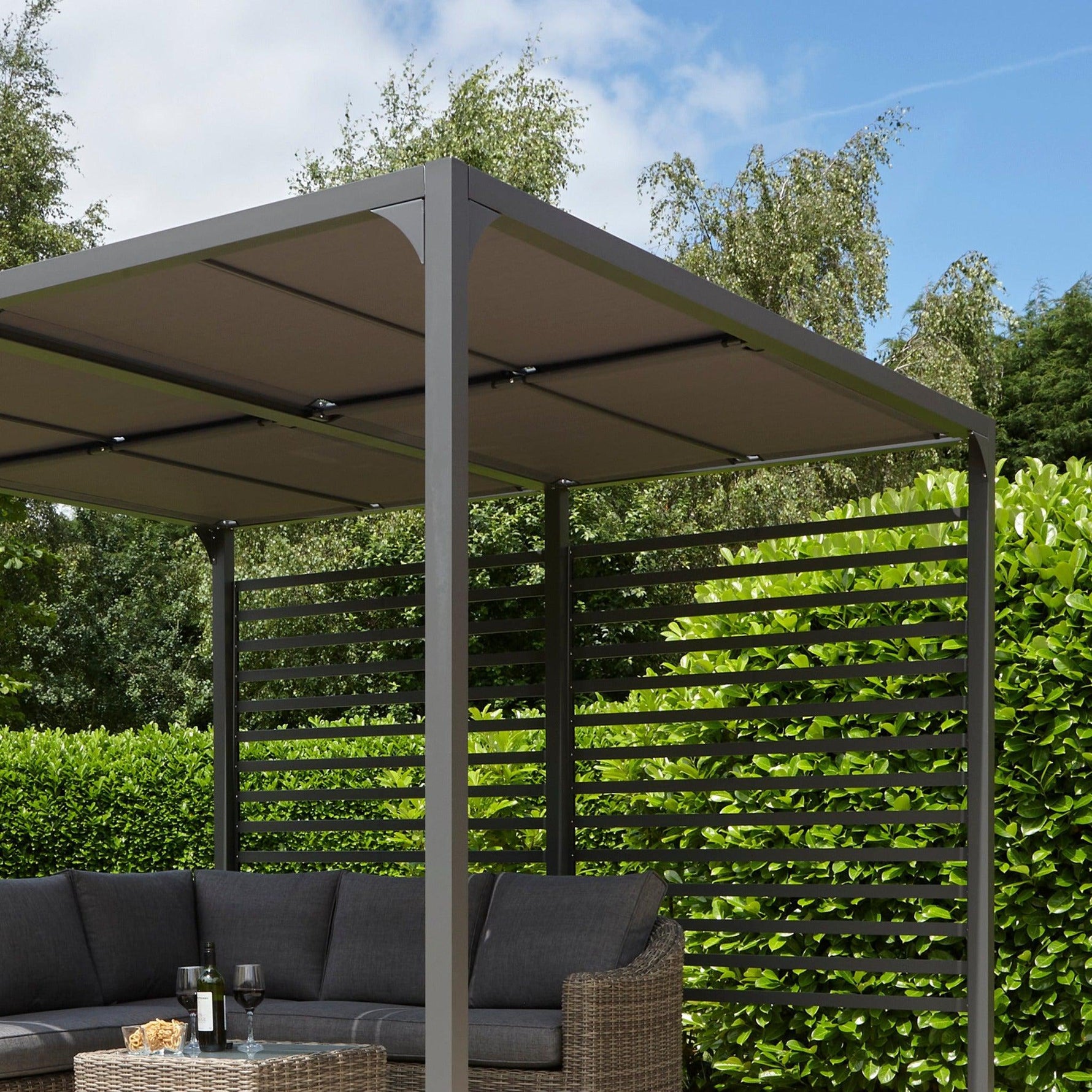 Aluminium Pergola with Sliding Roof in Grey, two sizes.