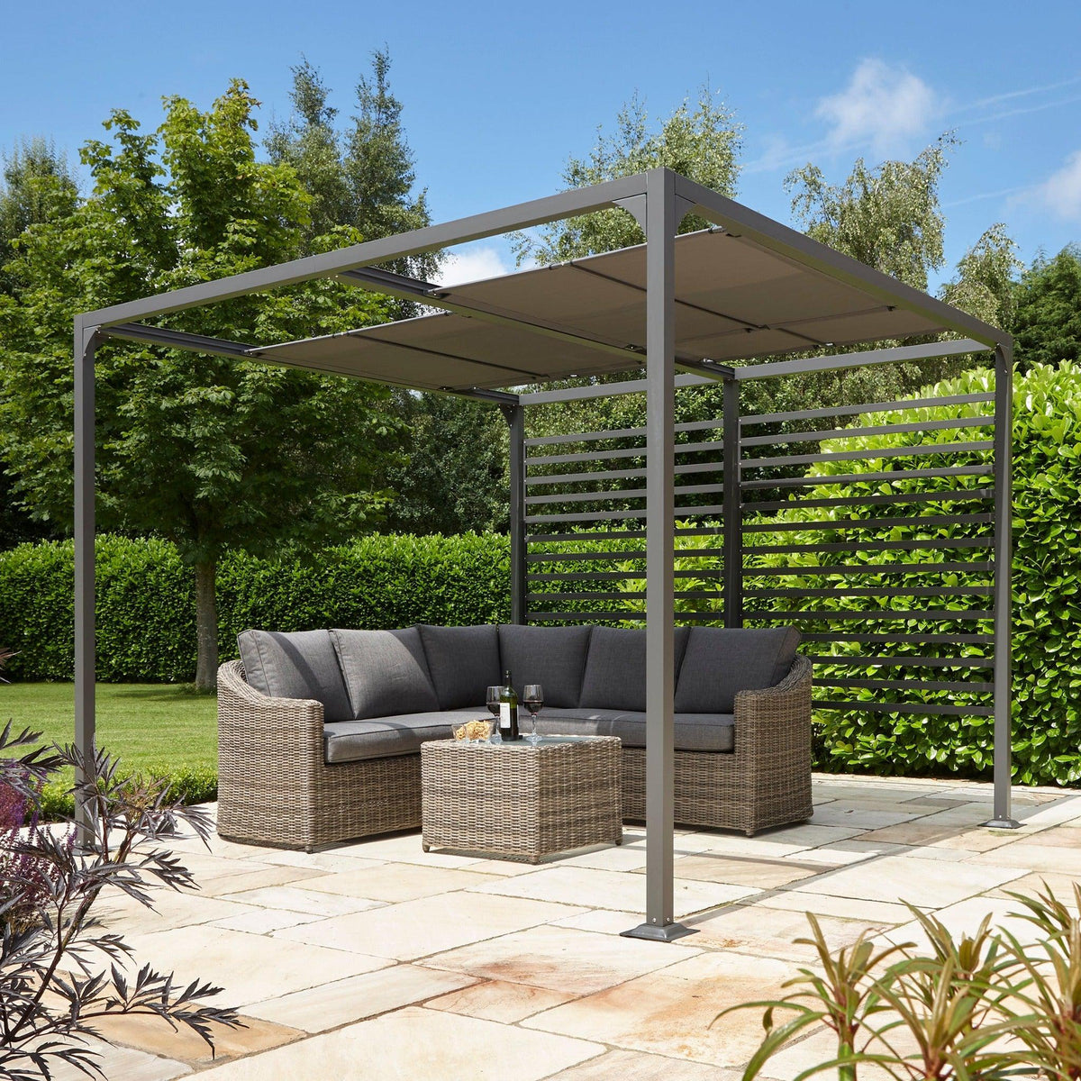 Aluminium Pergola with Sliding Roof in Grey, two sizes.