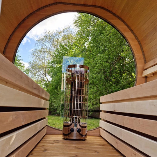 220cm Spruce Barrel Sauna | Thermowood | Harvia heater | Wood-Fired or Electric.