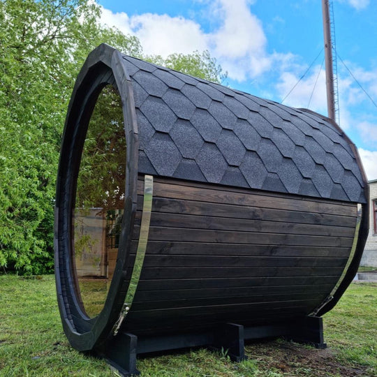 Compact 160cm Terrace Barrel Sauna | Harvia electric heater.