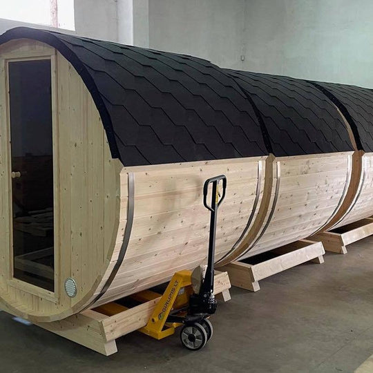 Compact 160cm Terrace Barrel Sauna | Harvia electric heater.