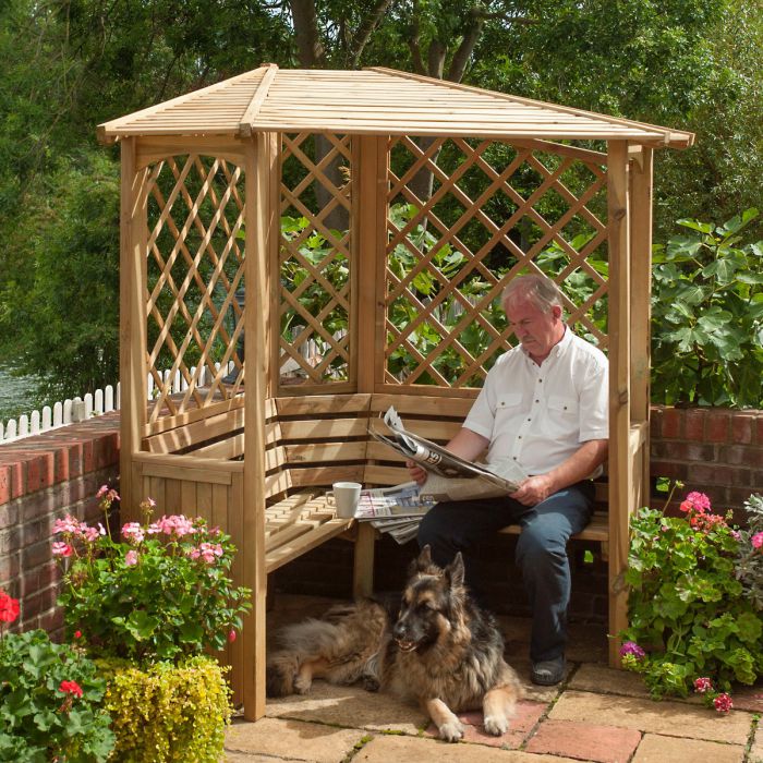 Corner Garden Arbour with Slanted Roof and side trellis, Tanalised Timber