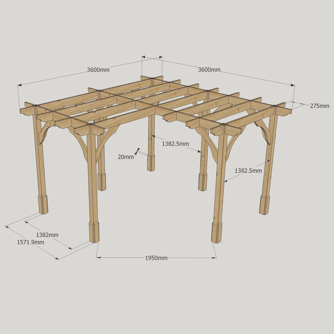 Corner Timber Pergola Complete DIY Kit, 3.6m up to 4.8m Quality Tanalised Redwood Timber.
