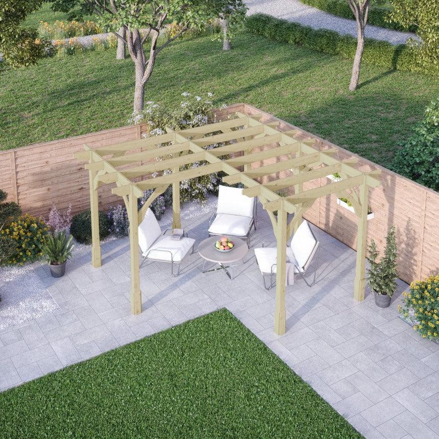 Corner Timber Pergola Complete DIY Kit, 3.6m up to 4.8m Quality Tanalised Redwood Timber.