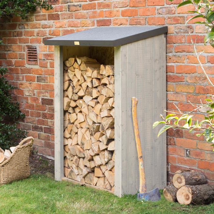 Dark Grey Log Store, tongue and groove walls and floor, felt roof