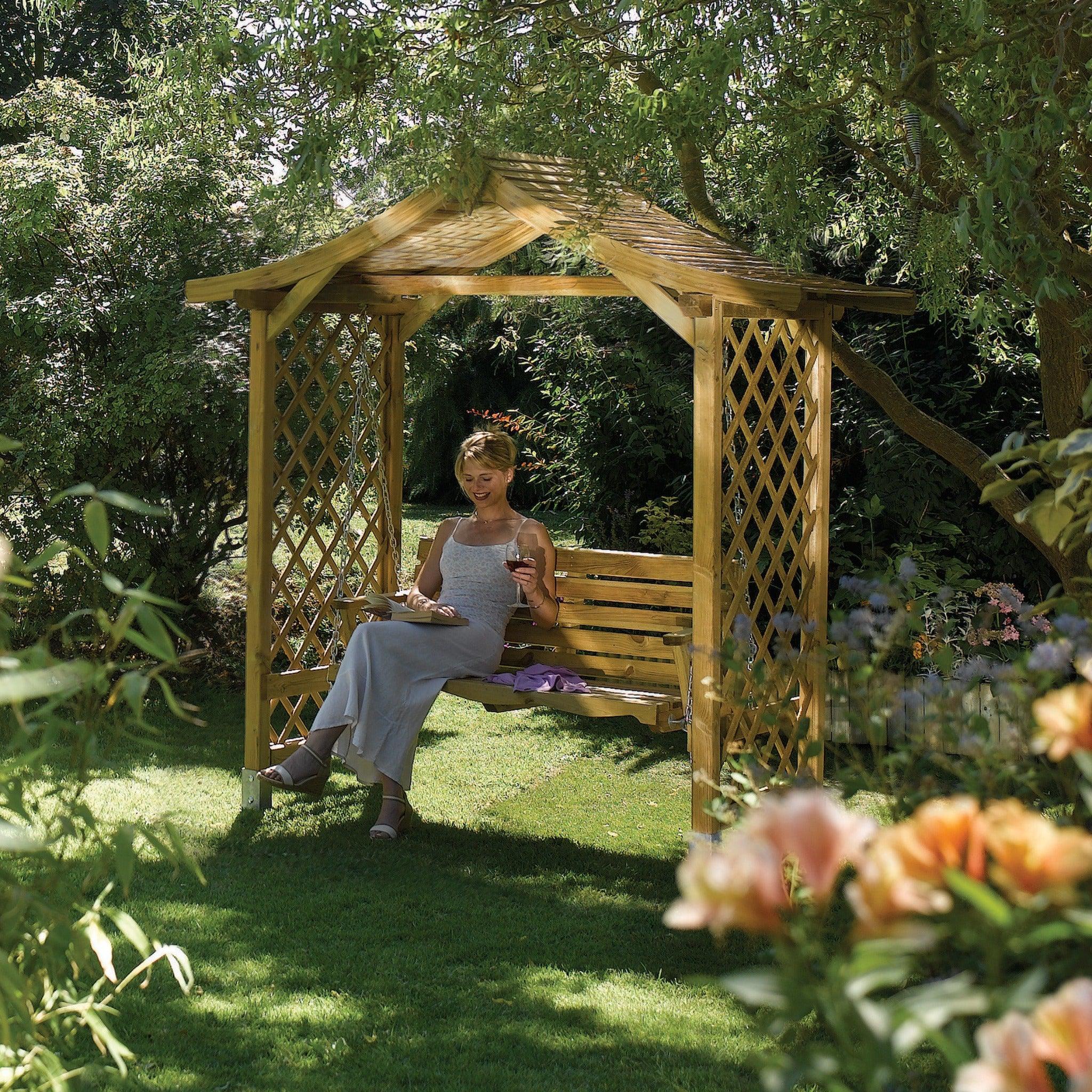 Garden Arbour SwingSeat with Roof and side trellis, Tanalised Timber