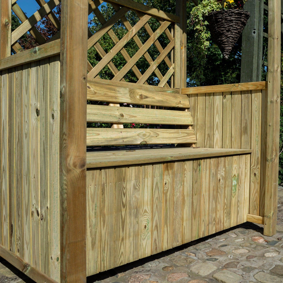 Garden Arbour with Roof, trellis and seat storage, Tanalised Timber