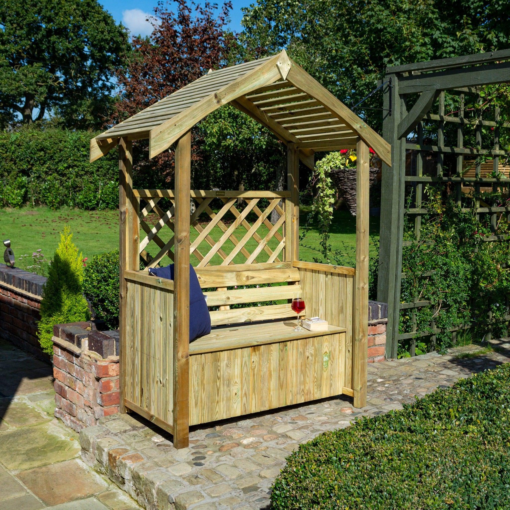 Garden Arbour with Roof, trellis and seat storage, Tanalised Timber