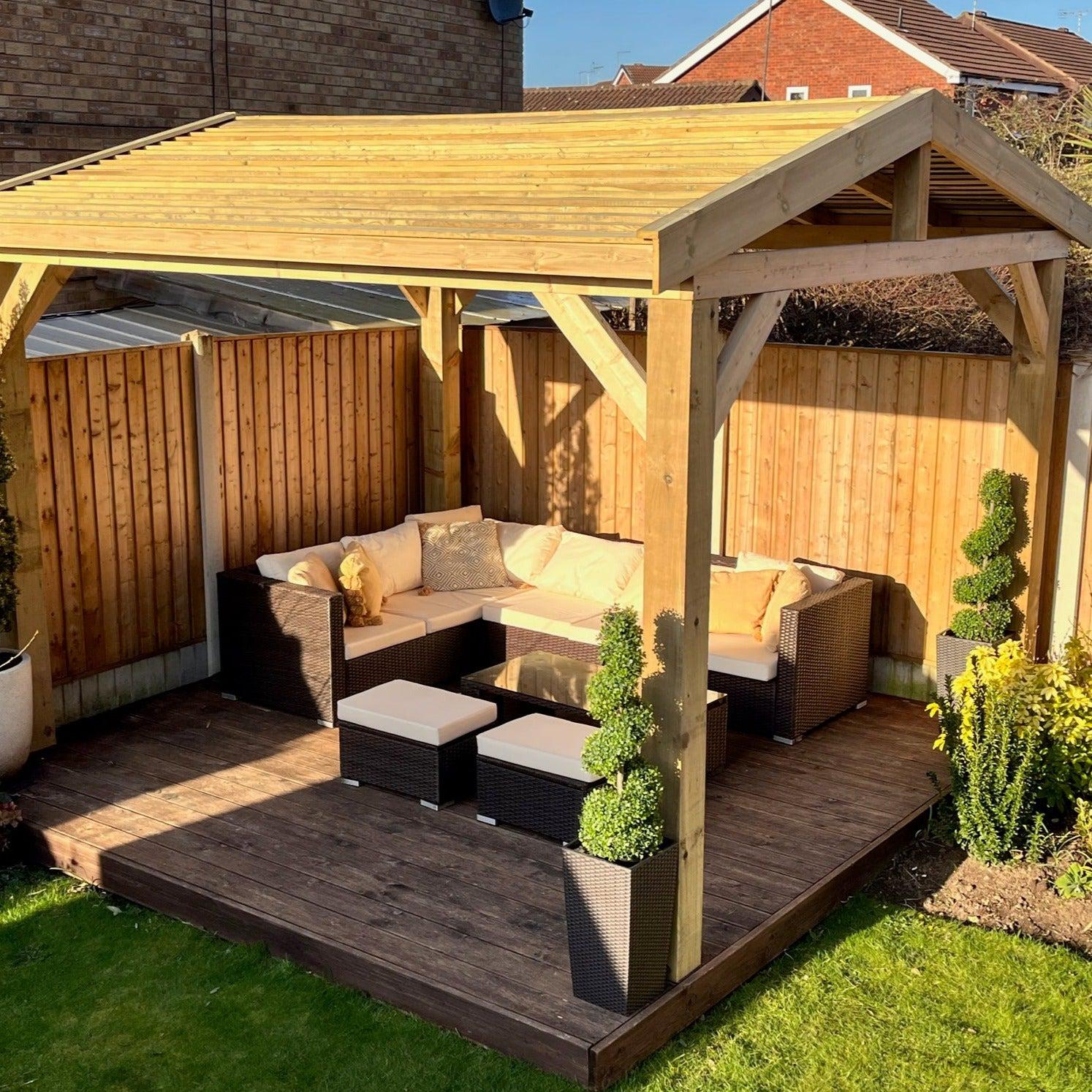 Heavy Duty Timber Gazebo DIY Kit | Tanalised feather edge timber | felt tile roof, various sizes.