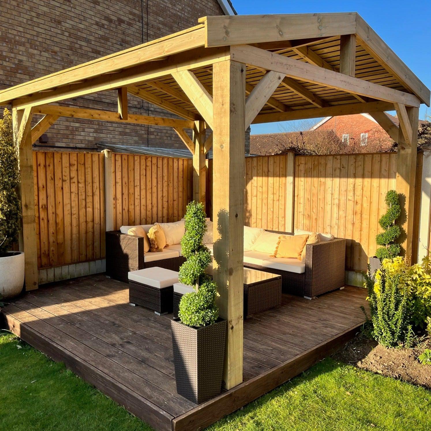 Heavy Duty Timber Gazebo DIY Kit | Tanalised feather edge timber | felt tile roof, various sizes.