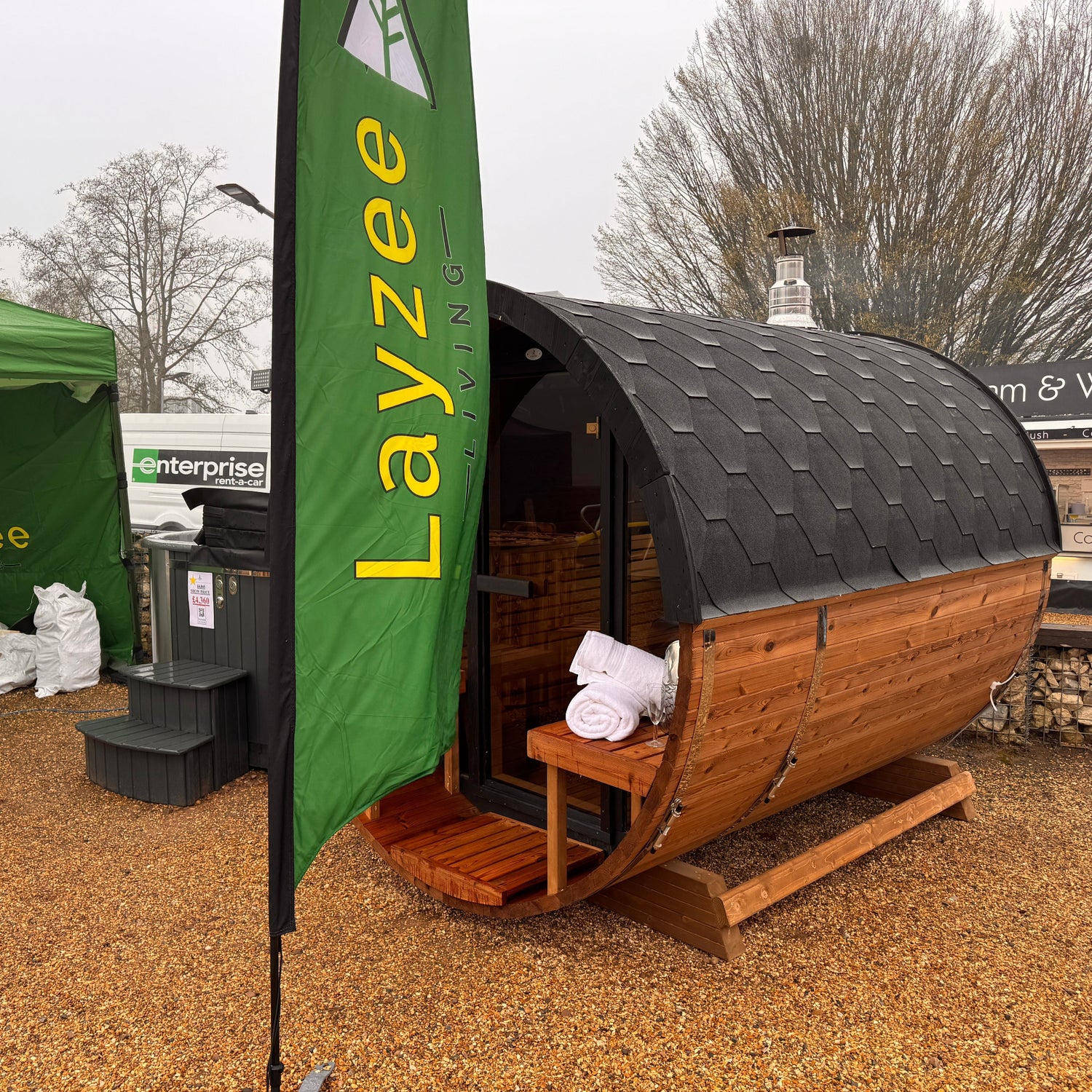 250cm Spruce Barrel Sauna | Thermowood | Terrace | Wood-Fired or Electric.
