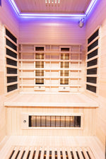 Inside view of infrared sauna with wood interior