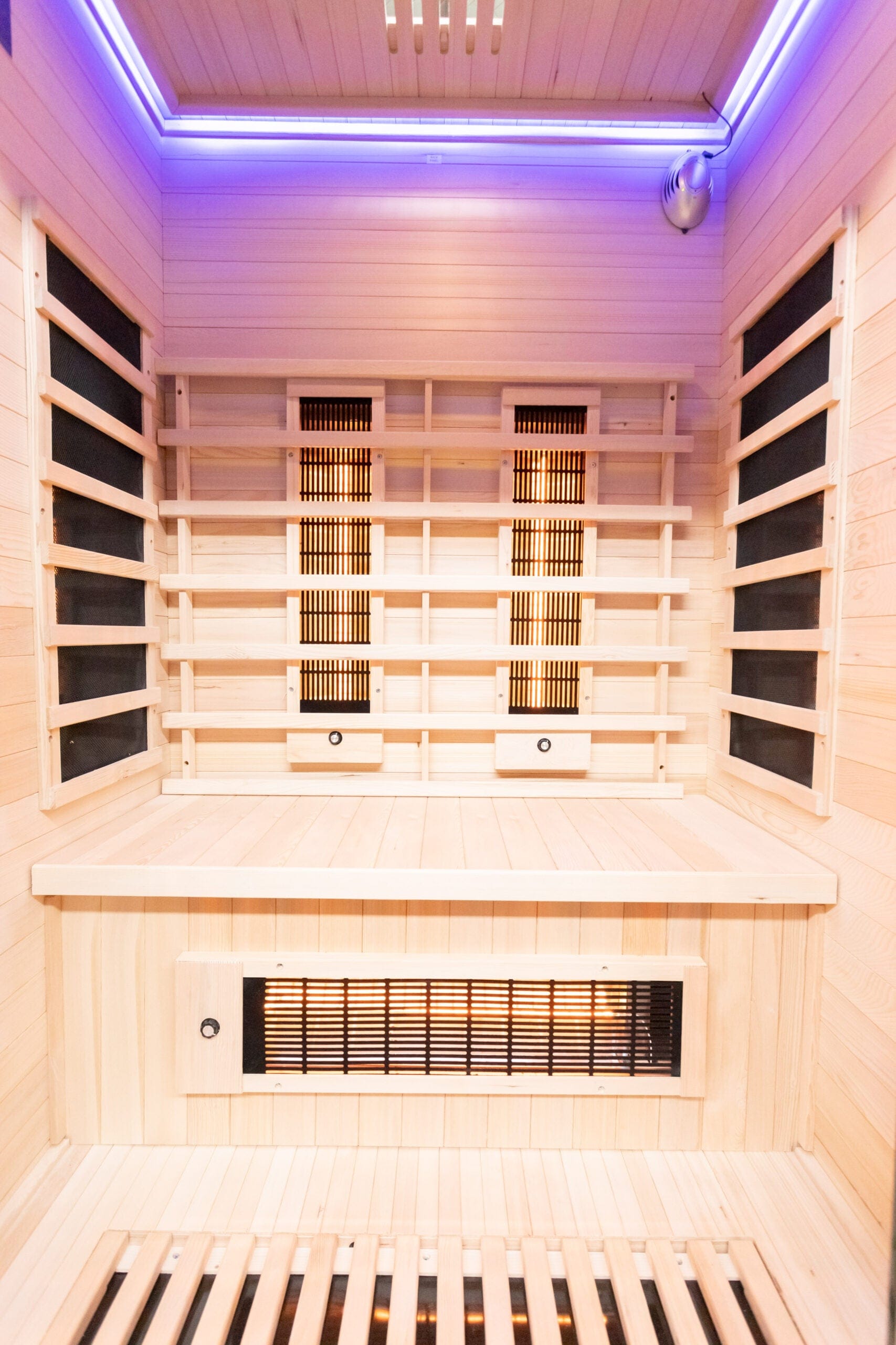 Inside view of infrared sauna with wood interior