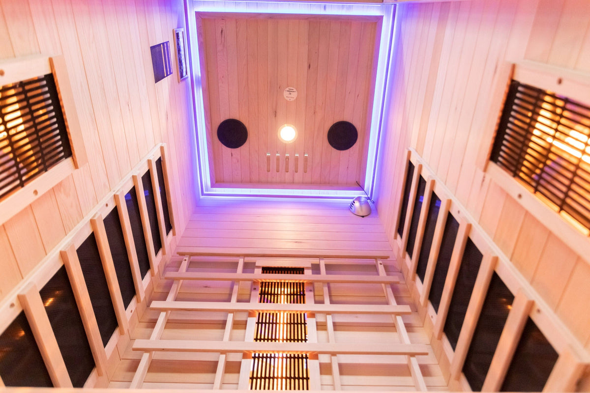 Infrared sauna interior with LED strip lighting
