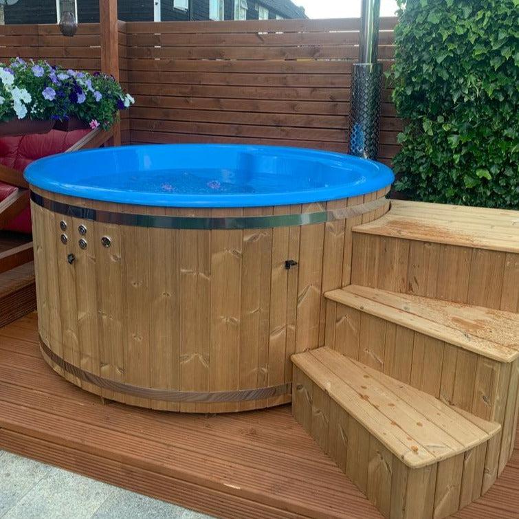 Large 200cm Wood Fired Hot Tub, External Heater, Fibreglass Liner.