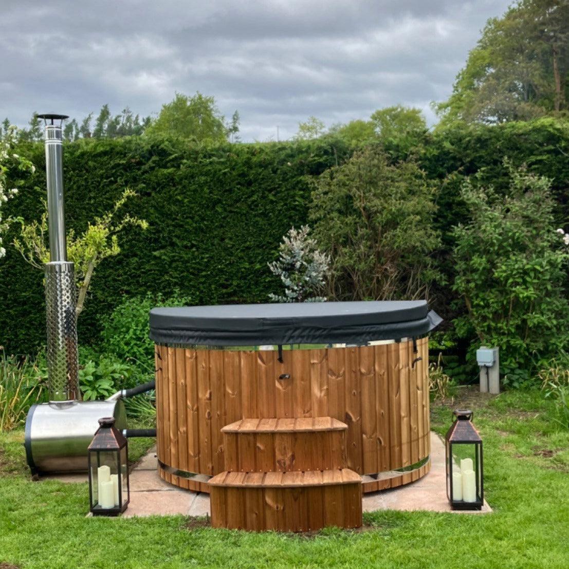 Large 200cm Wood Fired Hot Tub, External Heater, Fibreglass Liner.