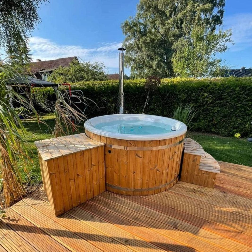 Large 200cm Wood Fired Hot Tub, Integrated Heater, Fibreglass liner.