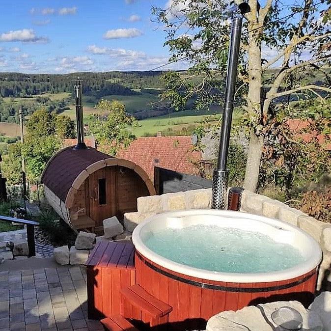 Large 200cm Wood Fired Hot Tub, Integrated Heater, Fibreglass liner.