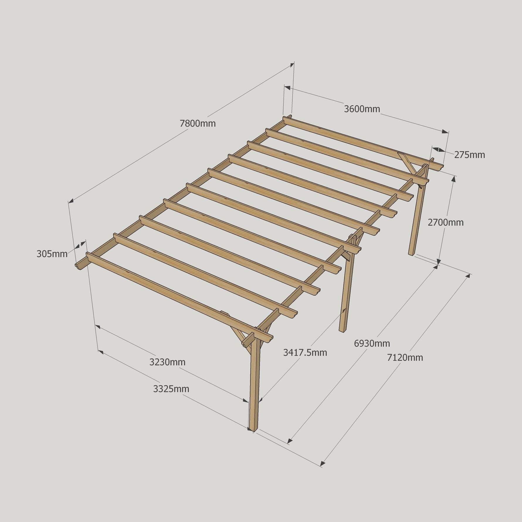 Large Size Heavy Duty Lean-To Pergola Complete DIY Kit, Quality Tanalised Timber.