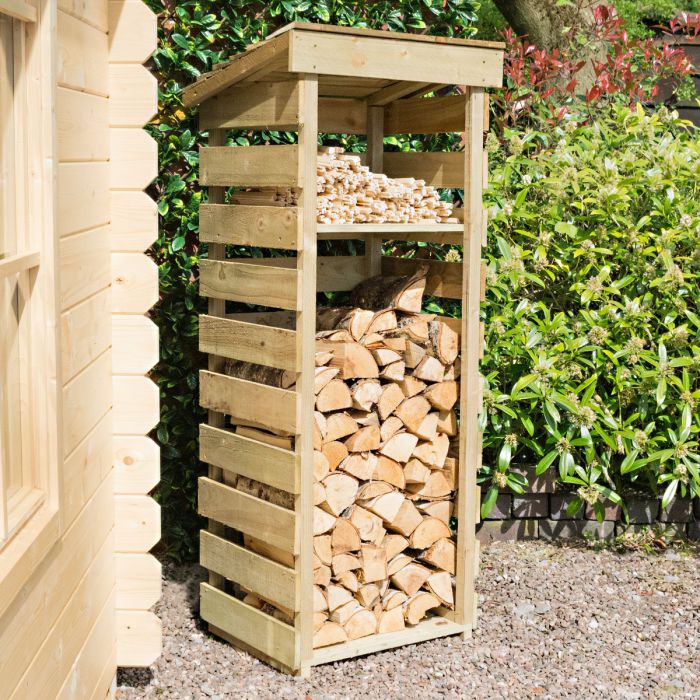 Narrow log store with kindling shelf, tanalised timber