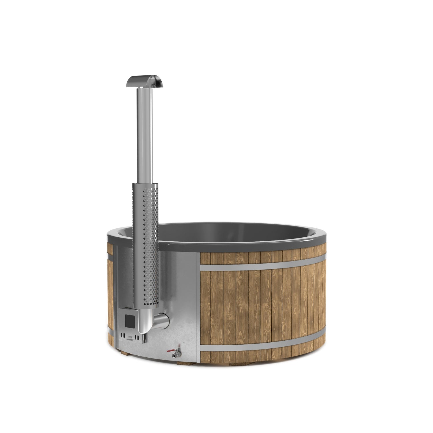 Wooden hot tub with metal accents on a white background