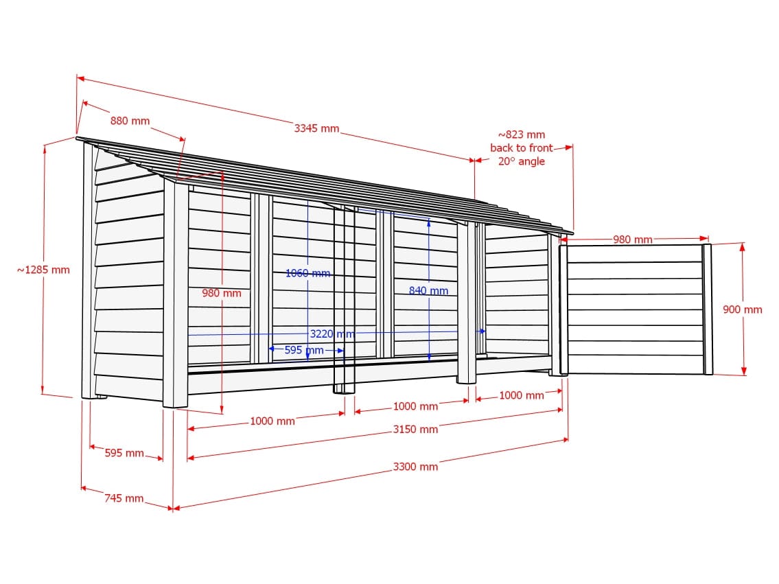 Wooden Premium Tongue/Groove Log Store with Doors and Shelf W-335cm, H-126cm or 180cm, D-88cm.