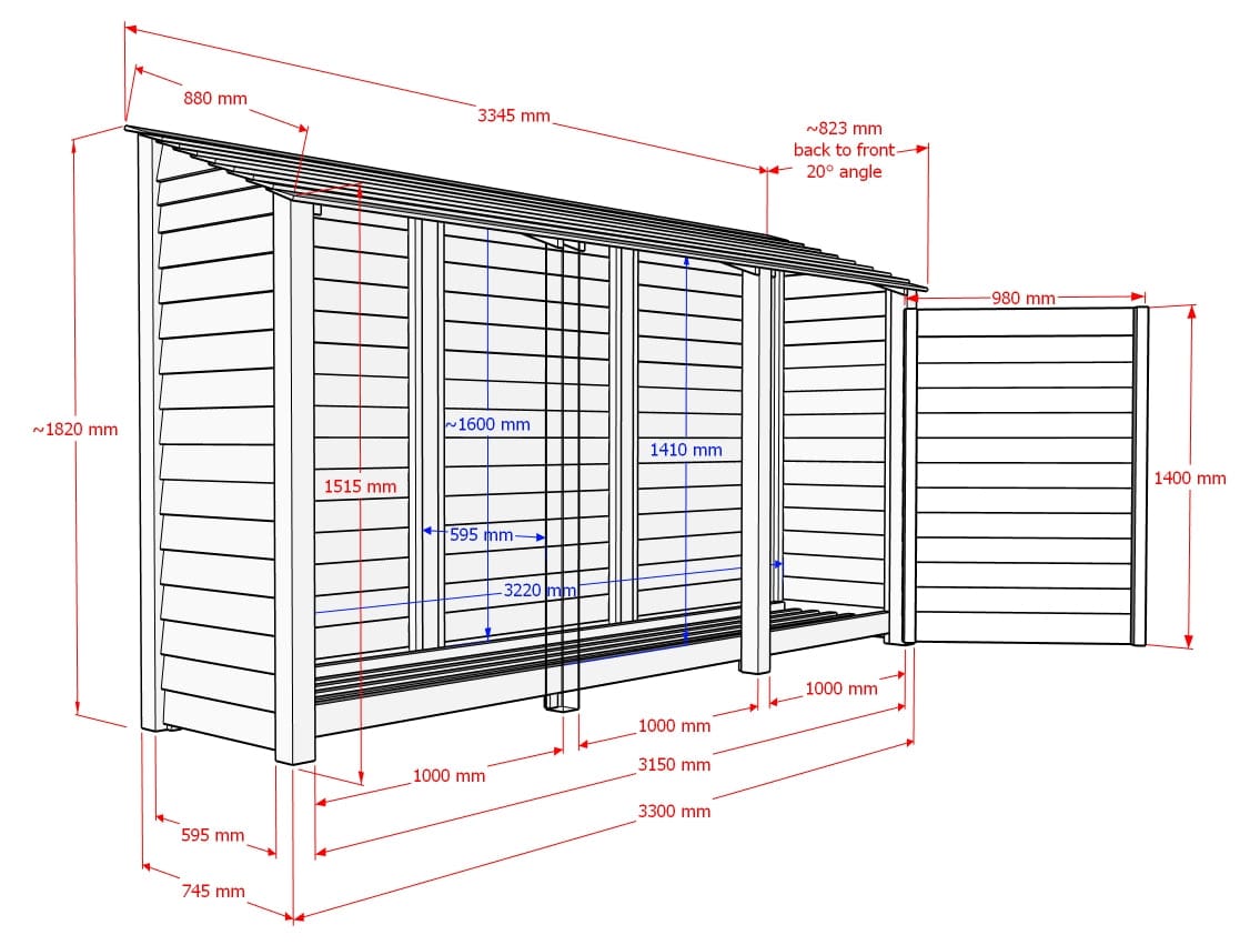 Wooden Premium Tongue/Groove Log Store with Doors and Shelf W-335cm, H-126cm or 180cm, D-88cm.