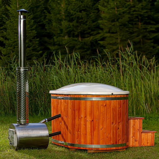 XL 220cm Wood Fired Hot Tub, External Heater, Fibreglass Liner.