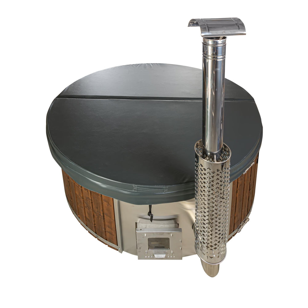 XL Wood Fired Hot Tub, Integrated Heater, Fibreglass Liner.