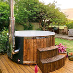 XL Wood Fired Hot Tub, Integrated Heater, Fibreglass Liner.