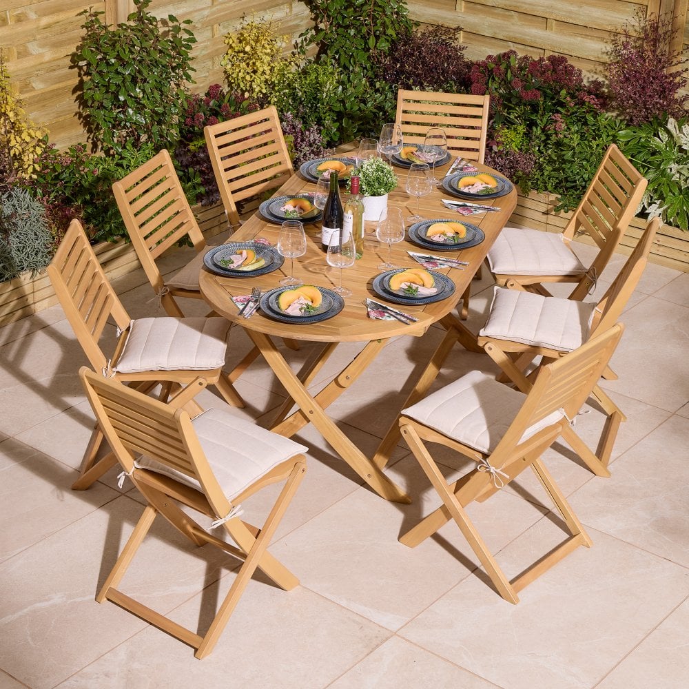 Folding 8 Seat Oval Dining Set With Cushions