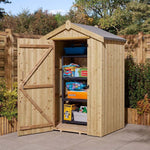 Wooden single-door shed with open door revealing storage