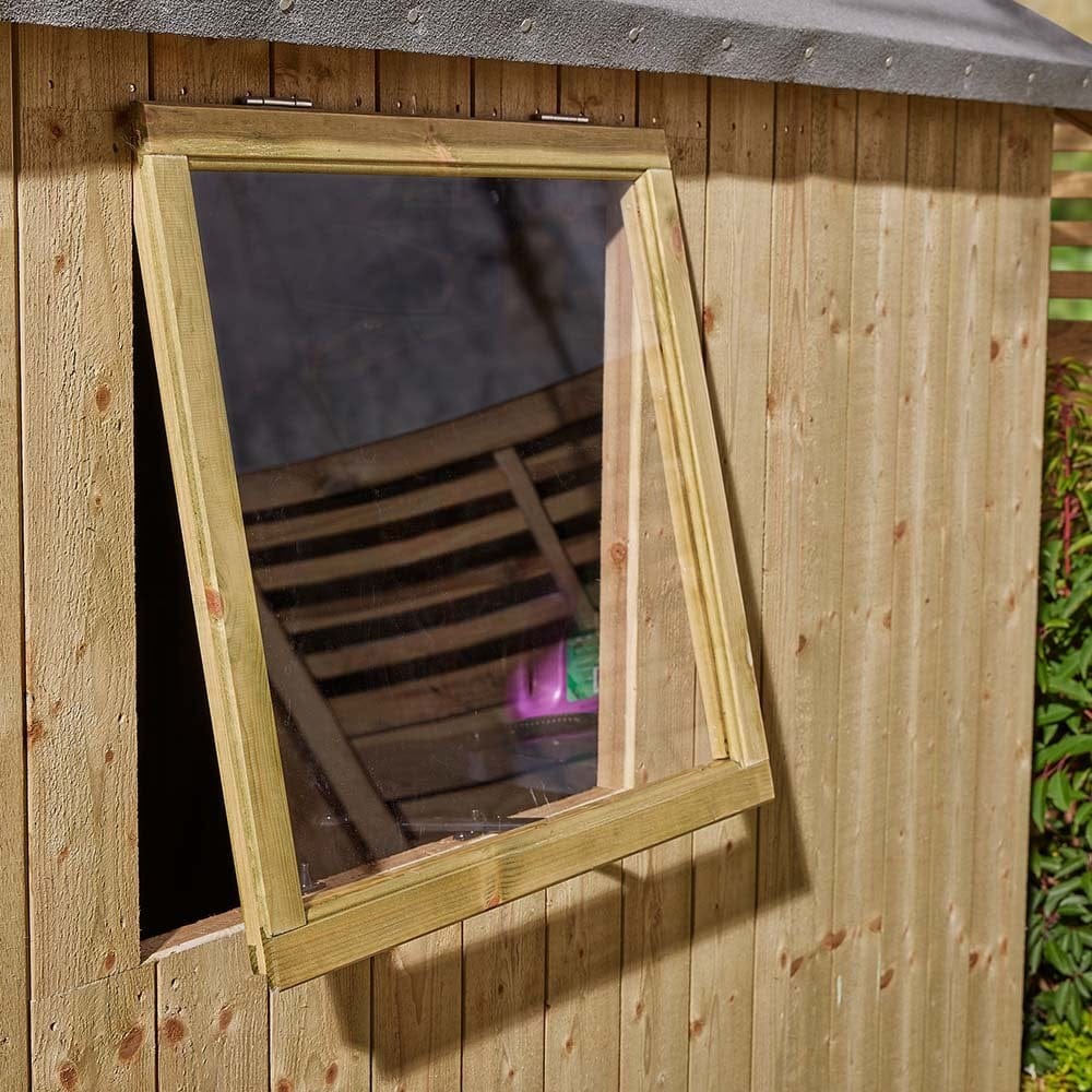 Heritage 6x4 single door shed with open window.
