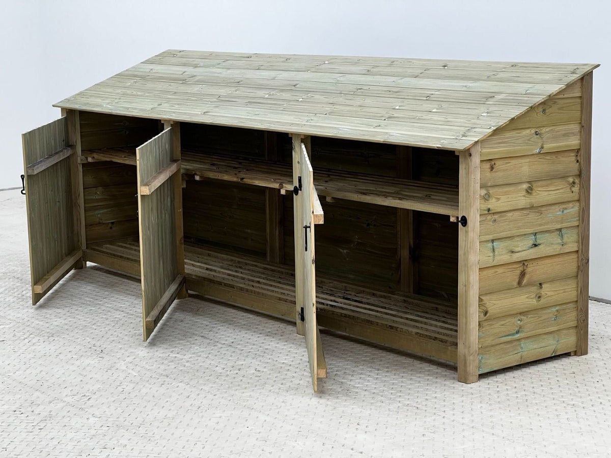 Wooden Premium Tongue/Groove Log Store with Doors and Shelf W-335cm, H-126cm or 180cm, D-88cm.