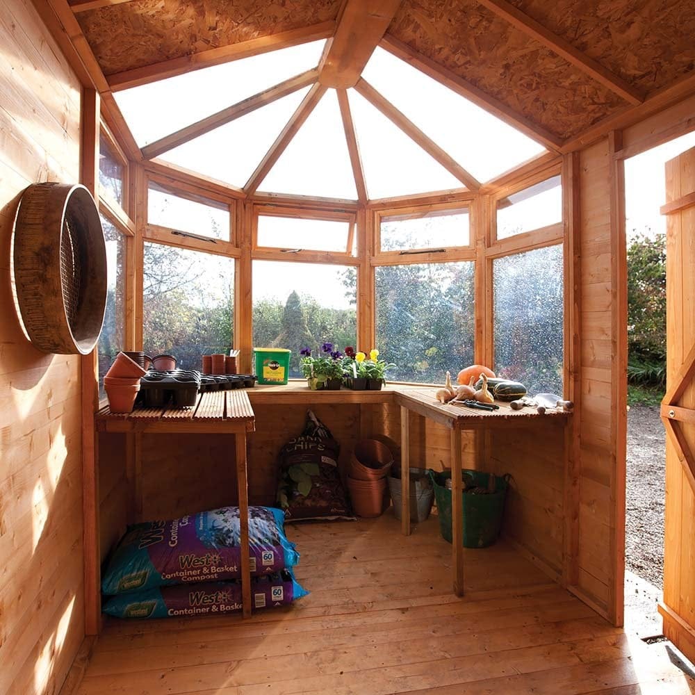 Potting shed interior with potting supplies
