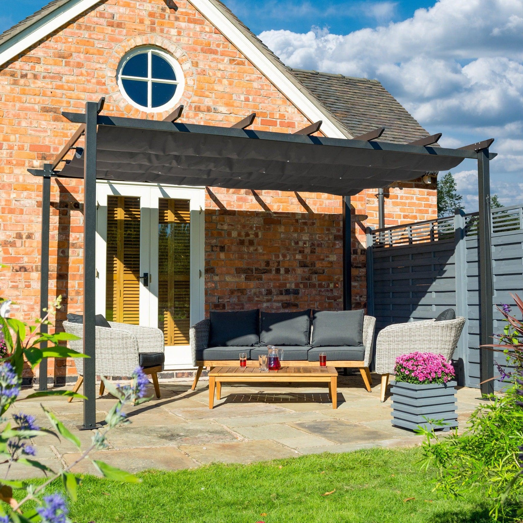 Aluminium Pergola with Retractable Polyester Roof, Gun-Metal Grey, 2 sizes