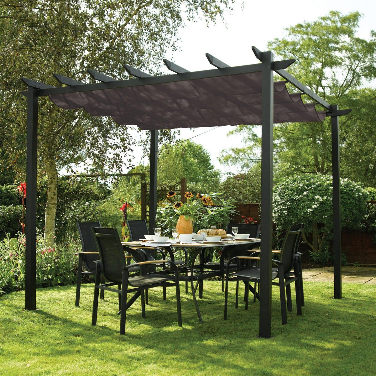 Aluminium Pergola with Retractable Polyester Roof, Gun-Metal Grey, 2 sizes