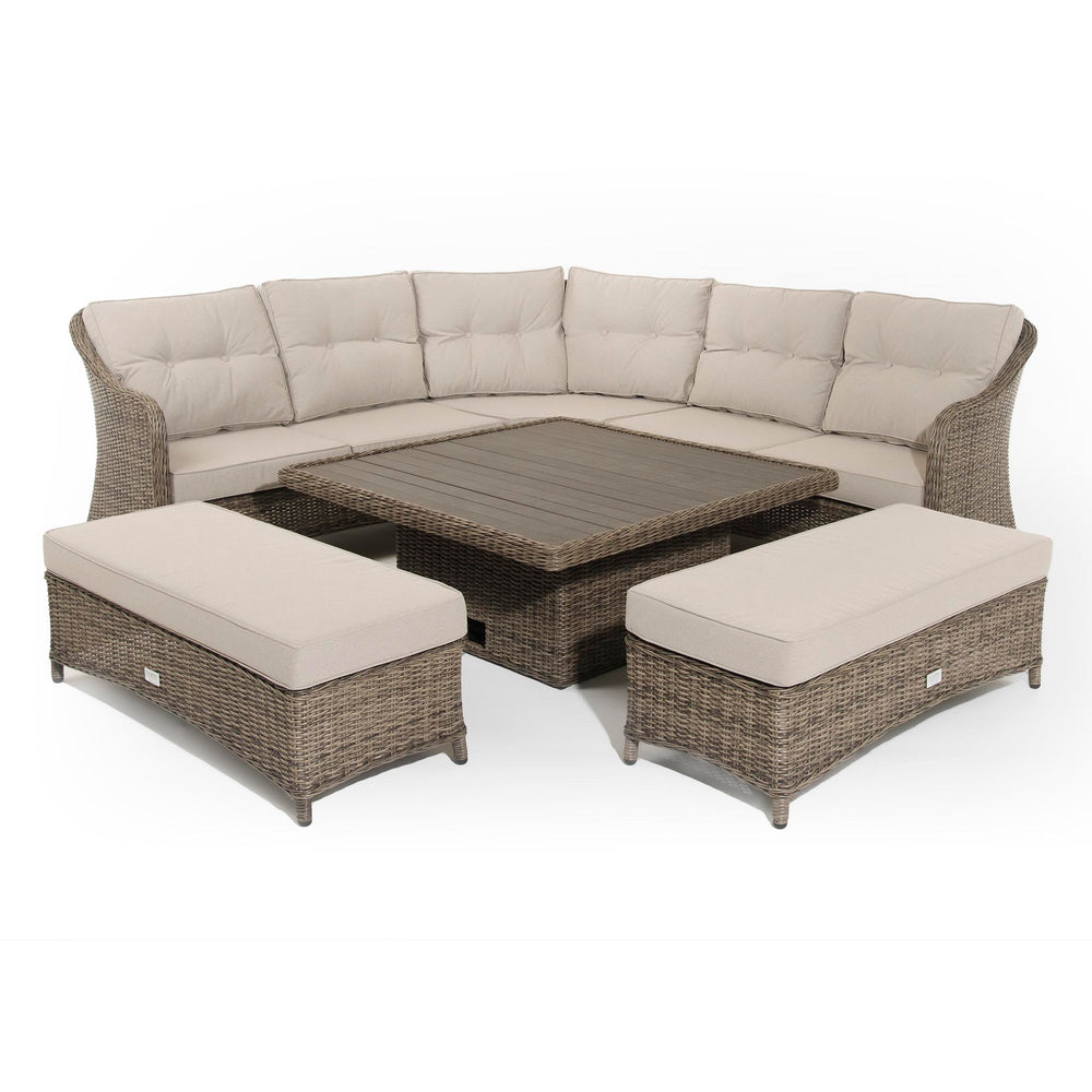 Hazel | Corner Sofa with Rising Table and 2 Benches in Brown Rattan